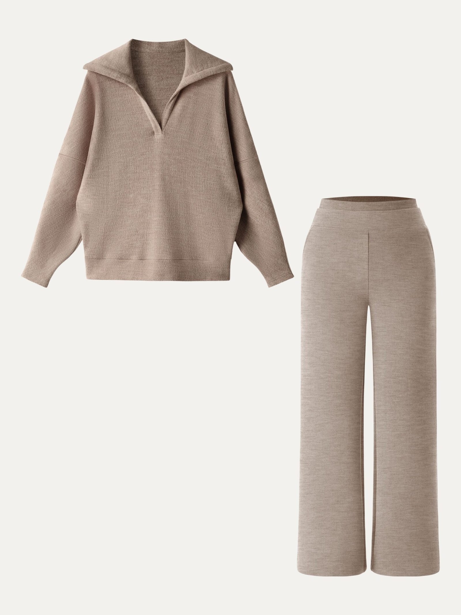 2Pcs Set Petite Double Waistband Straight Pants & V-Neck Batwing Sleeve Pullover