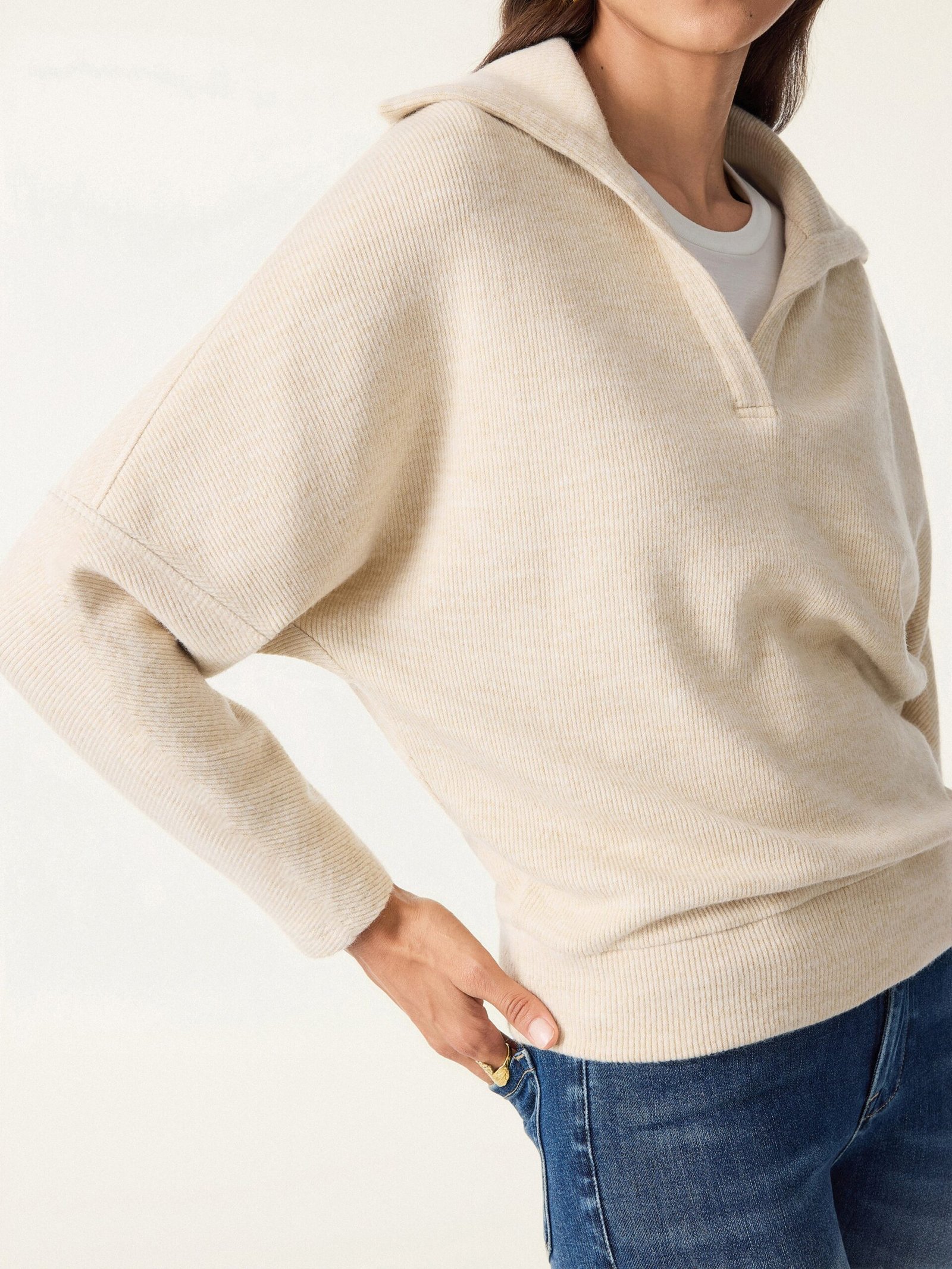 2Pcs Set Petite Double Waistband Straight Pants & V-Neck Batwing Sleeve Pullover - Image 10