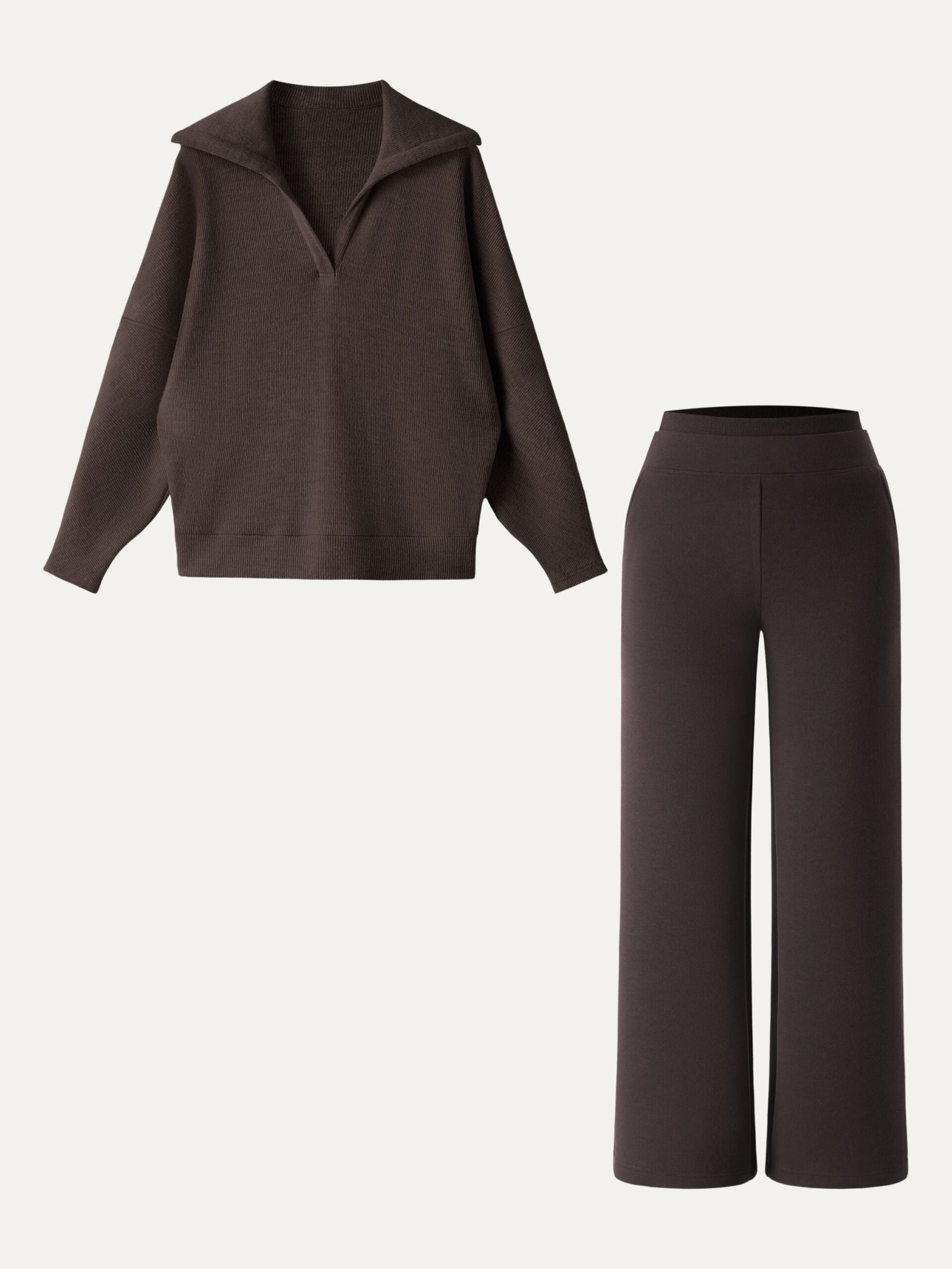 2Pcs Set Petite Double Waistband Straight Pants & V-Neck Batwing Sleeve Pullover - Image 3