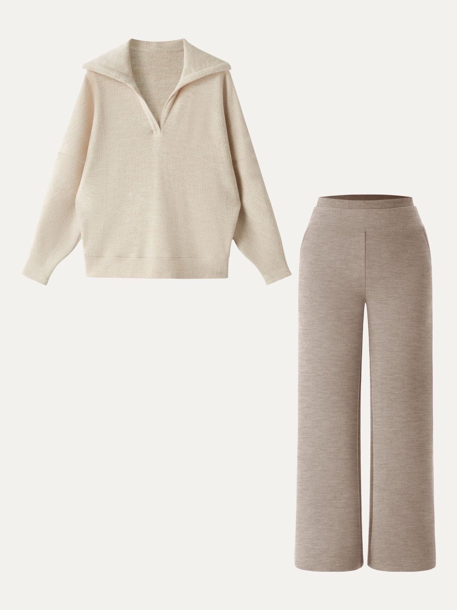 2Pcs Set Petite Double Waistband Straight Pants & V-Neck Batwing Sleeve Pullover - Image 4