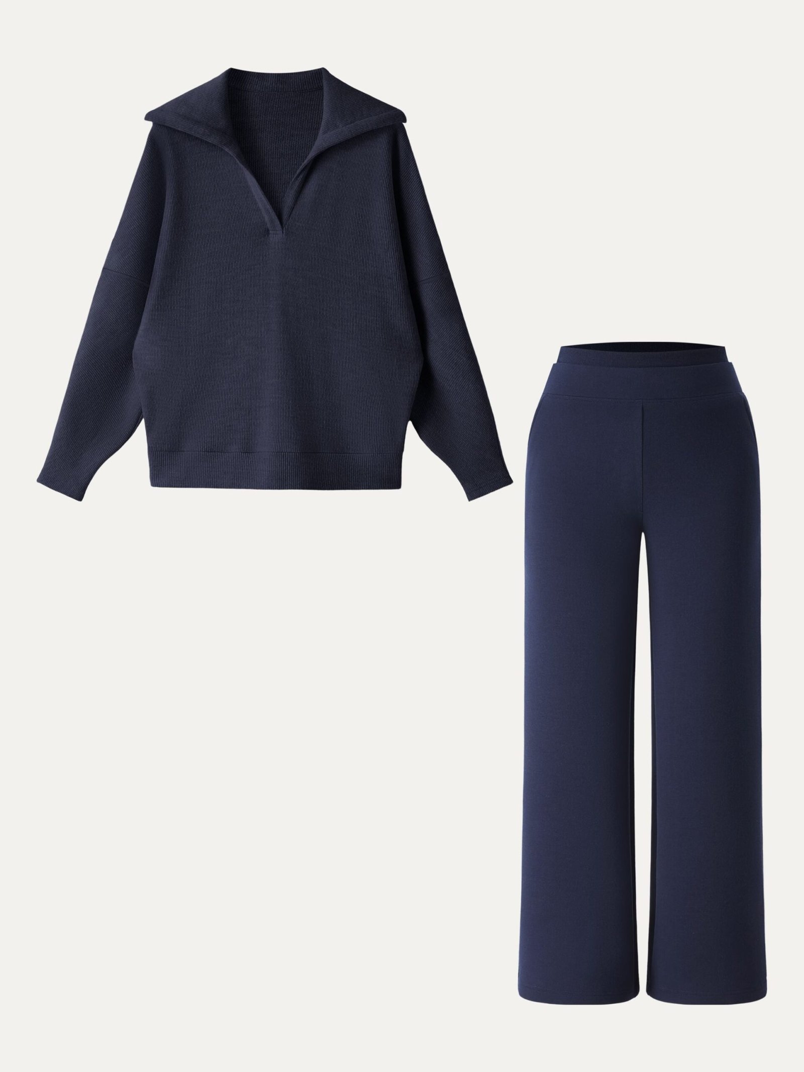 2Pcs Set Petite Double Waistband Straight Pants & V-Neck Batwing Sleeve Pullover - Image 5