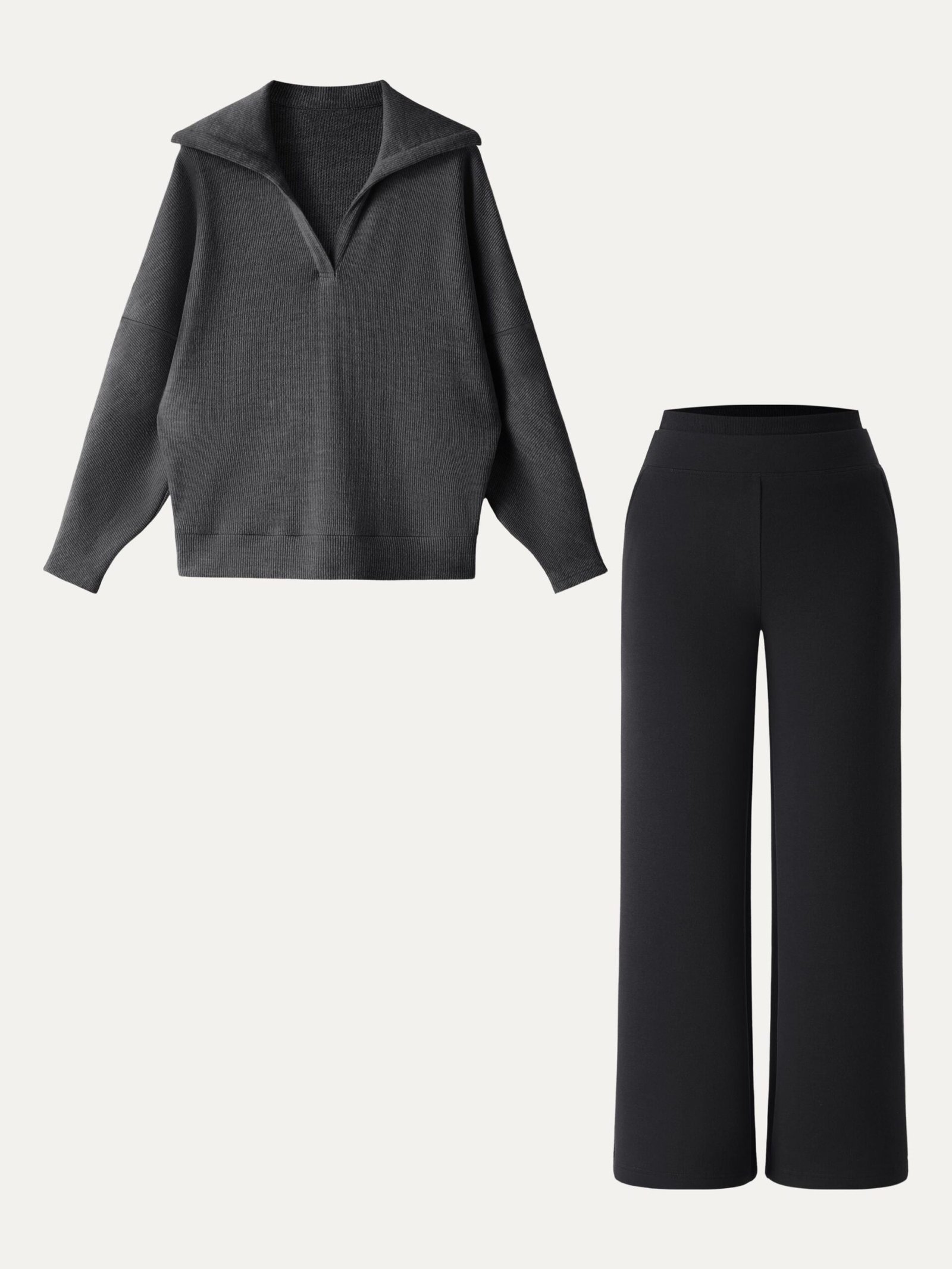 2Pcs Set Petite Double Waistband Straight Pants & V-Neck Batwing Sleeve Pullover - Image 6
